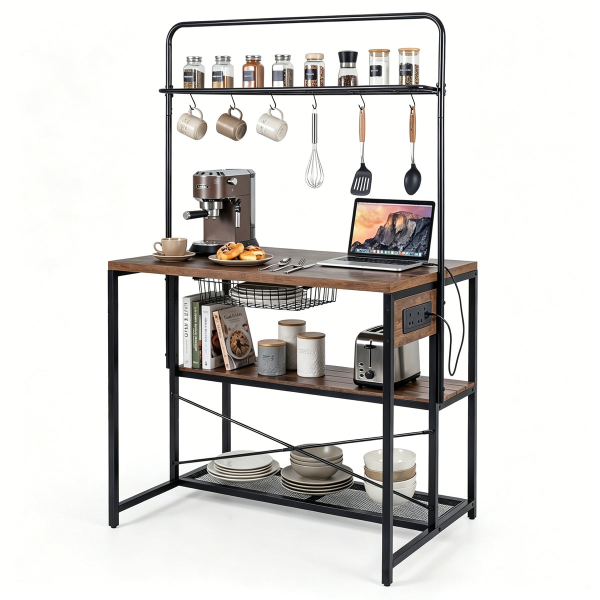Industrial Bakers Rack Storage Island with Pull-out Basket and 6 Hooks for Home-Black