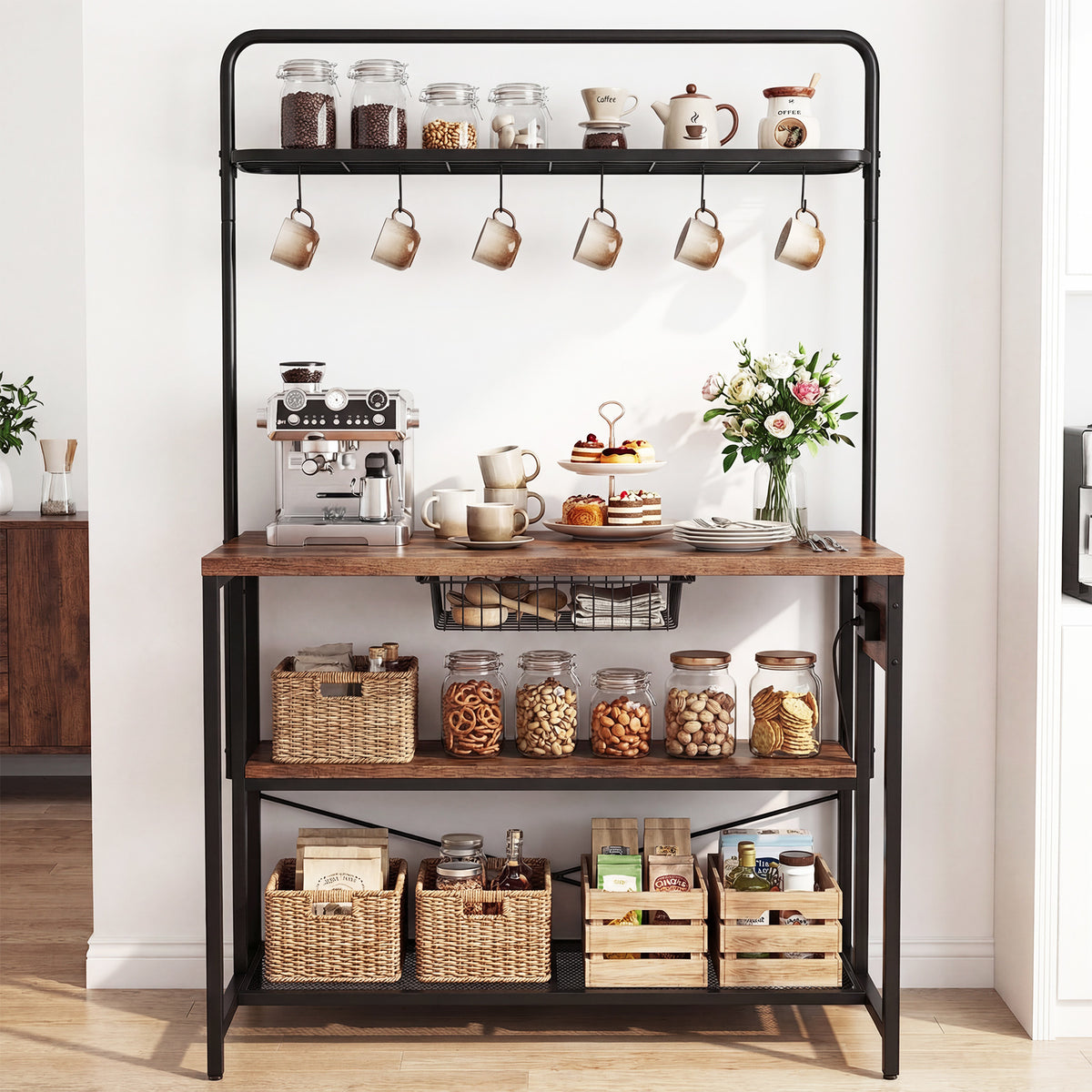 Industrial Bakers Rack Storage Island with Pull-out Basket and 6 Hooks for Home-Black