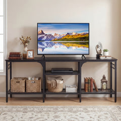 Industrial Entertainment TV Stand for 65" TVs with Metal Mesh Shelves and 4 Hanging Hooks-Black
