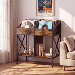 Industrial Magazine Books Record Holder with Metal Frame and Anti-tip Kits Holds up to 250 Albums-Rustic Brown