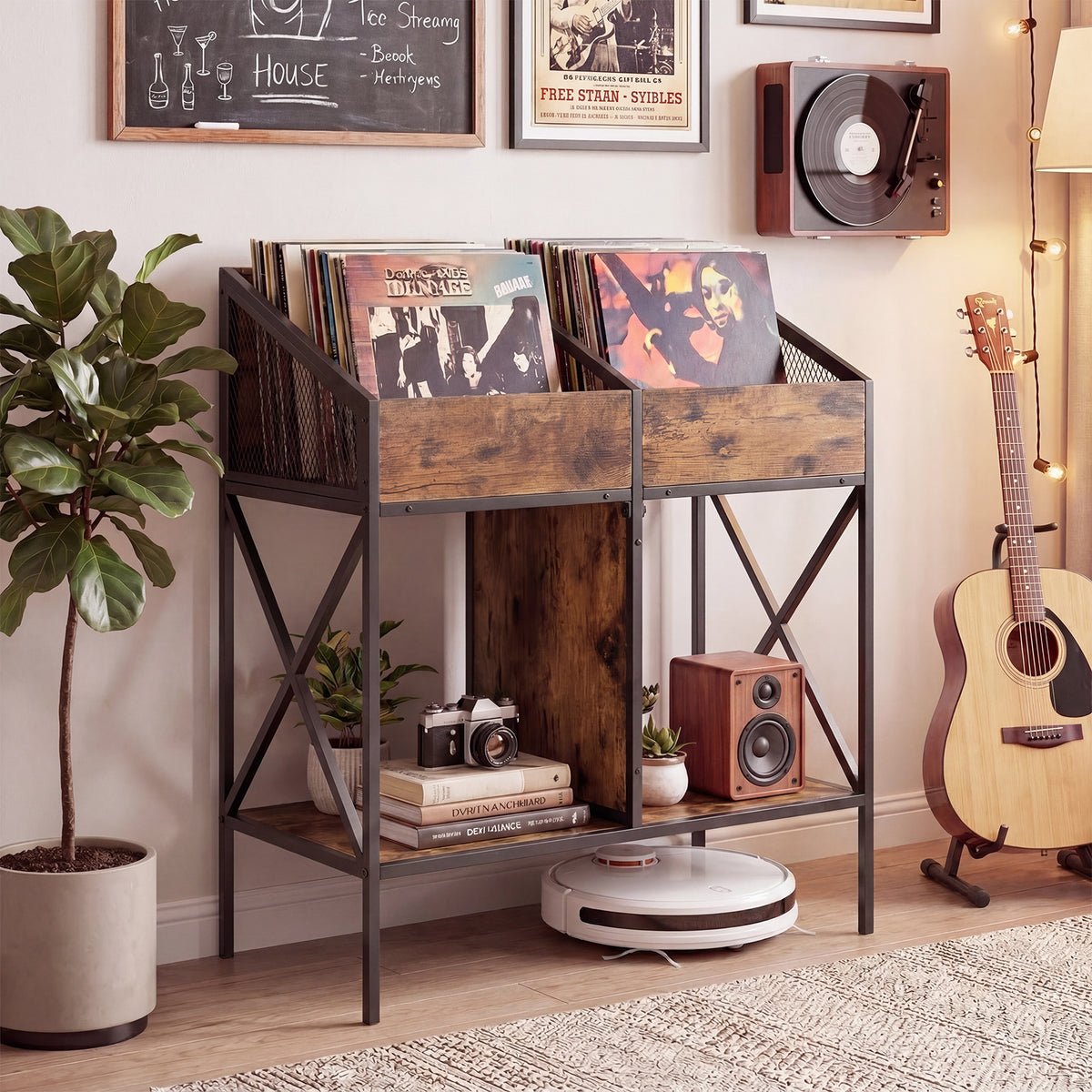 Industrial Magazine Books Record Holder with Metal Frame and Anti-tip Kits Holds up to 250 Albums-Rustic Brown