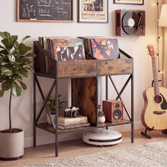 Industrial Magazine Books Record Holder with Metal Frame and Anti-tip Kits Holds up to 250 Albums-Rustic Brown