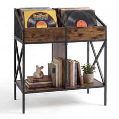 Industrial Magazine Books Record Holder with Metal Frame and Anti-tip Kits Holds up to 250 Albums-Rustic Brown