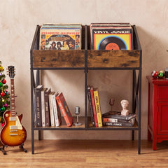 Industrial Magazine Books Record Holder with Metal Frame and Anti-tip Kits Holds up to 250 Albums-Rustic Brown