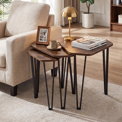 Industrial Nesting Coffee Table Set of 3 with Thick Tabletop and Metal Frame, for Small Spaces-Rustic Brown