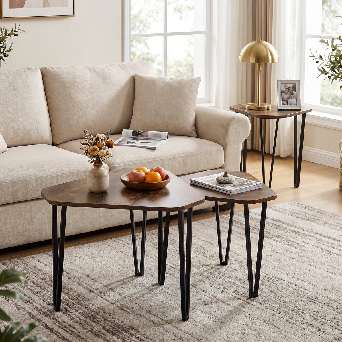 Industrial Nesting Coffee Table Set of 3 with Thick Tabletop and Metal Frame, for Small Spaces-Rustic Brown