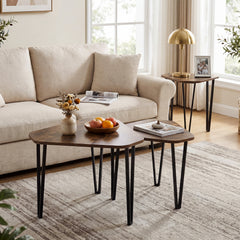 Industrial Nesting Coffee Table Set of 3 with Thick Tabletop and Metal Frame, for Small Spaces-Rustic Brown