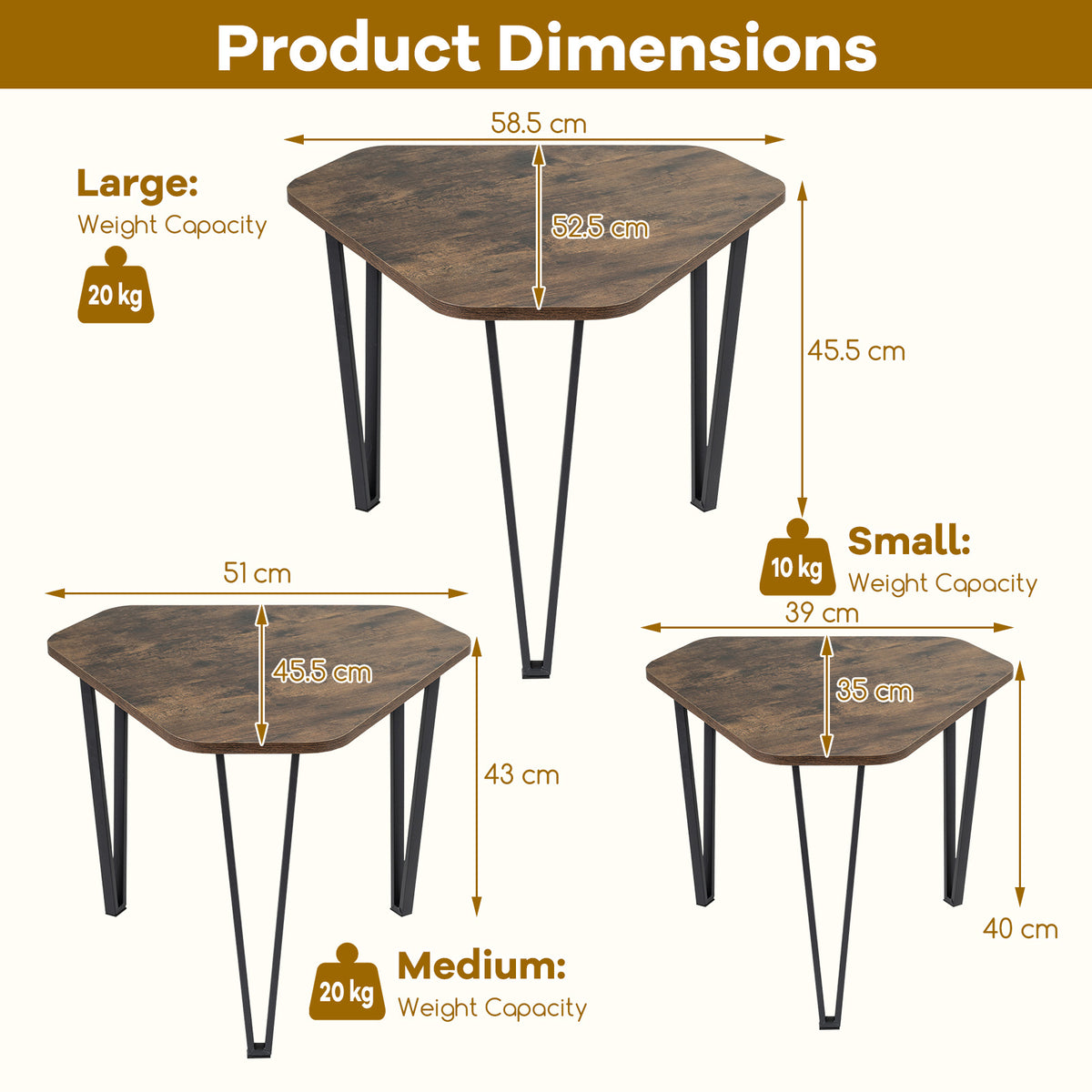 Industrial Nesting Coffee Table Set of 3 with Thick Tabletop and Metal Frame, for Small Spaces-Rustic Brown