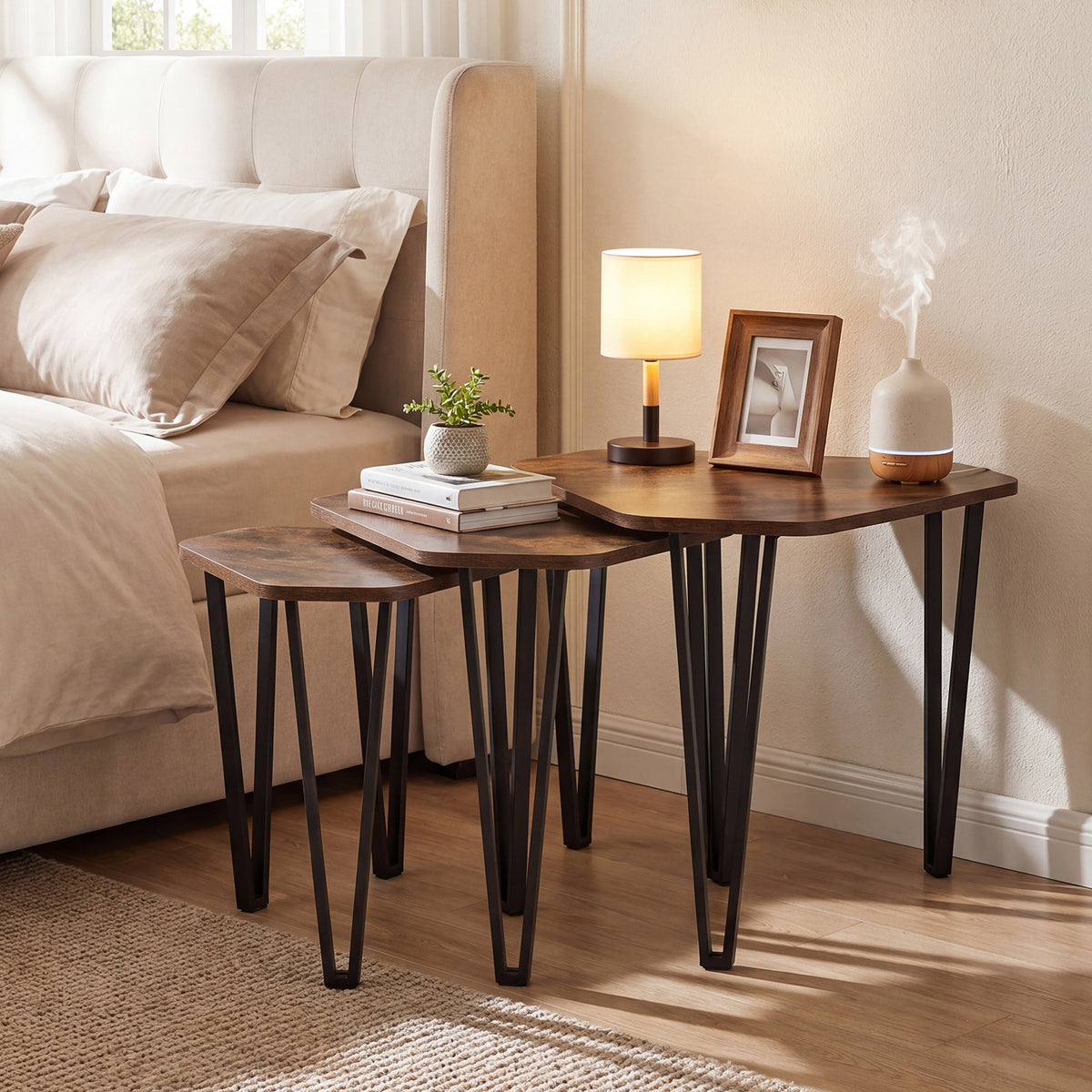 Industrial Nesting Coffee Table Set of 3 with Thick Tabletop and Metal Frame, for Small Spaces-Rustic Brown