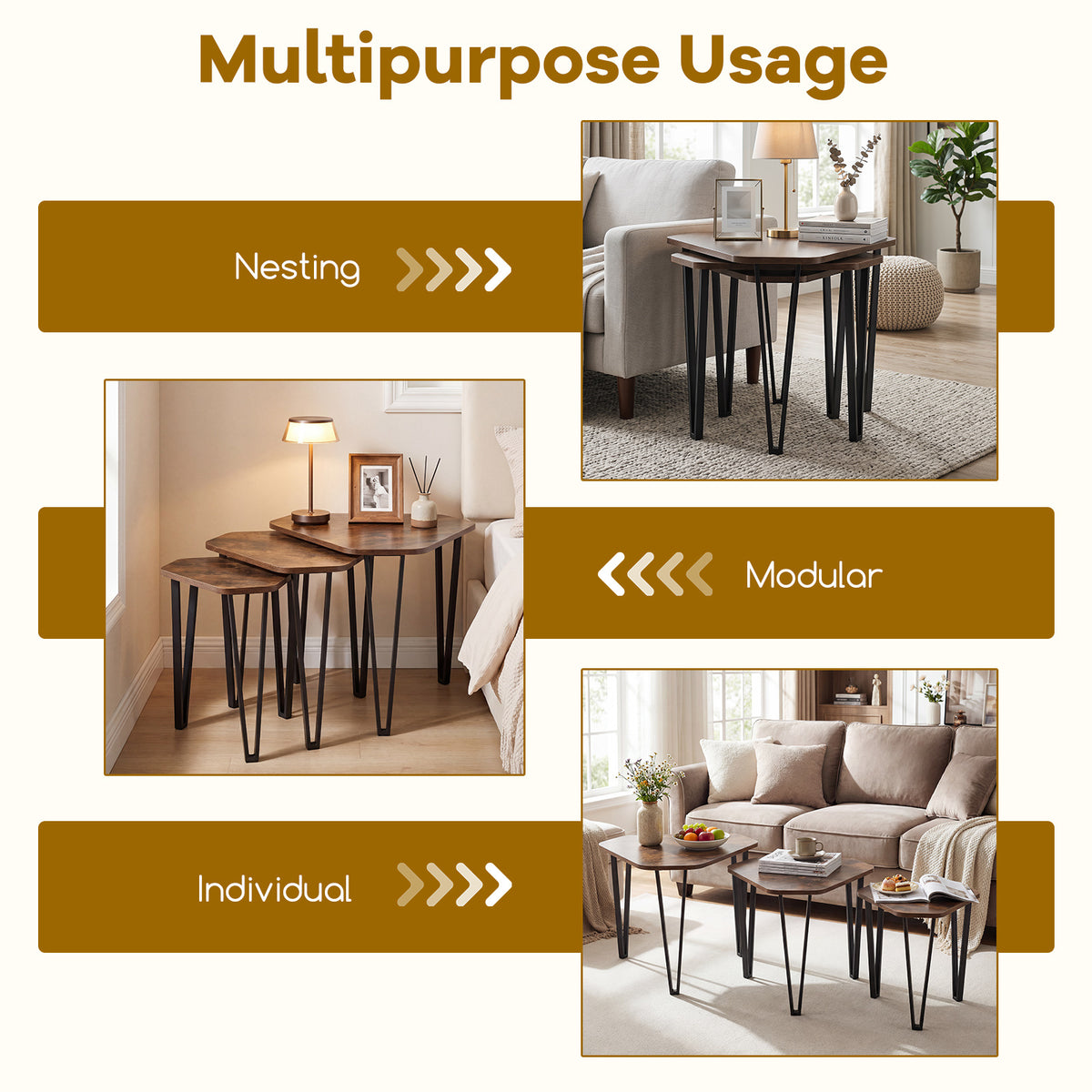Industrial Nesting Coffee Table Set of 3 with Thick Tabletop and Metal Frame, for Small Spaces-Rustic Brown