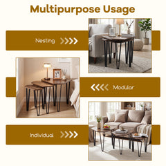Industrial Nesting Coffee Table Set of 3 with Thick Tabletop and Metal Frame, for Small Spaces-Rustic Brown