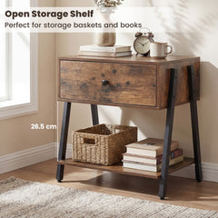 Open storage shelf on the rustic brown industrial nightstand with books
