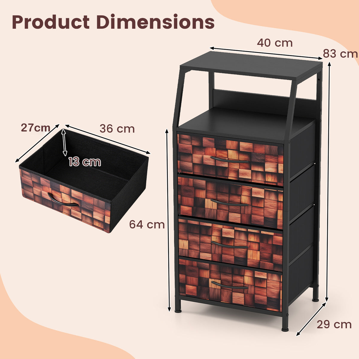Industrial Nightstand Tall Dresser with 4 Fabric Drawers-Brown