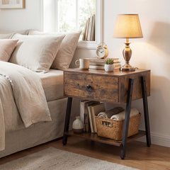 Industrial Nightstand with Drawer and Open Shelf & Adjustable Foot Pads-Rustic Brown
