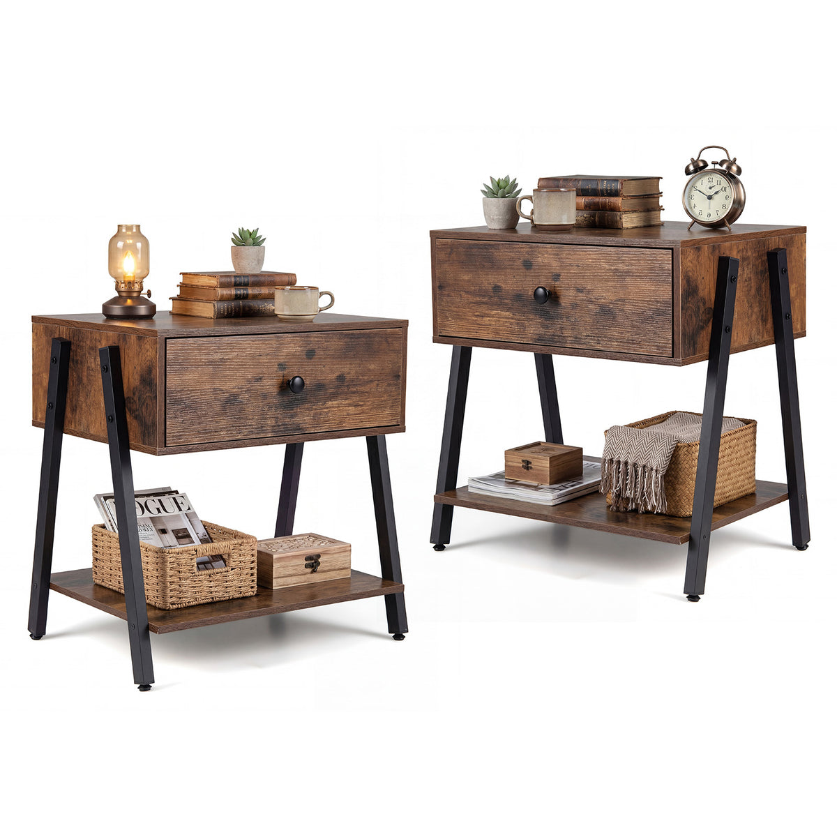 Industrial Nightstand with Drawer and Open Shelf & Adjustable Foot Pads-Rustic Brown