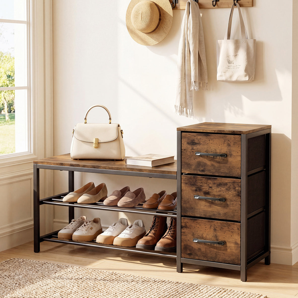 Industrial Shoe Bench with 3 Removable Drawers and Anti-Toppling Kits for Entryway-Rustic Brown