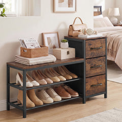 Industrial Shoe Bench with 3 Removable Drawers and Anti-Toppling Kits for Entryway-Rustic Brown