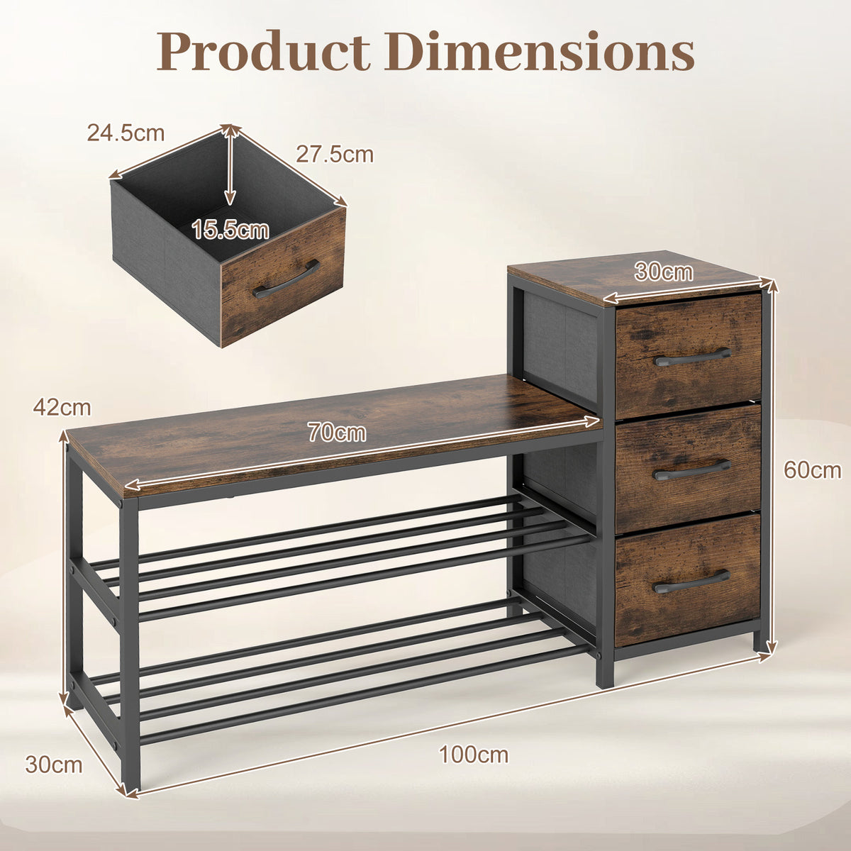 Industrial Shoe Bench with 3 Removable Drawers and Anti-Toppling Kits for Entryway-Rustic Brown