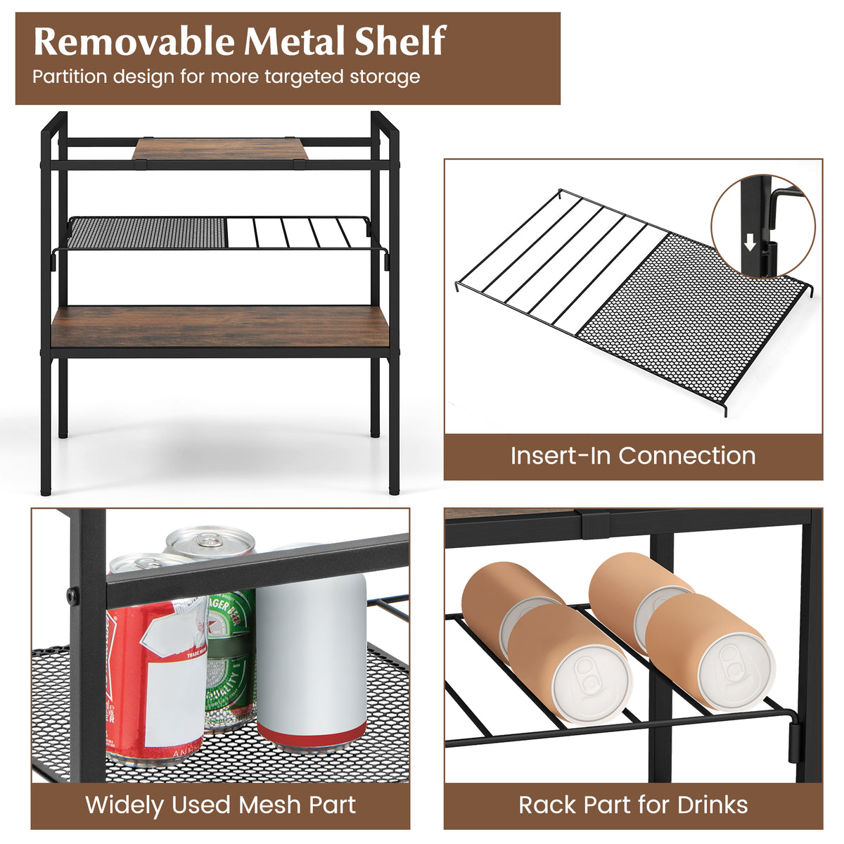 Sofa Side Table with Removable Panel and Mesh Shelf-Rustic Brown