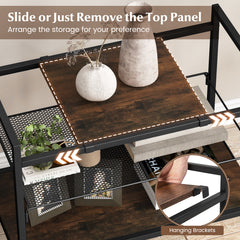 Sofa Side Table with Removable Panel and Mesh Shelf-Rustic Brown