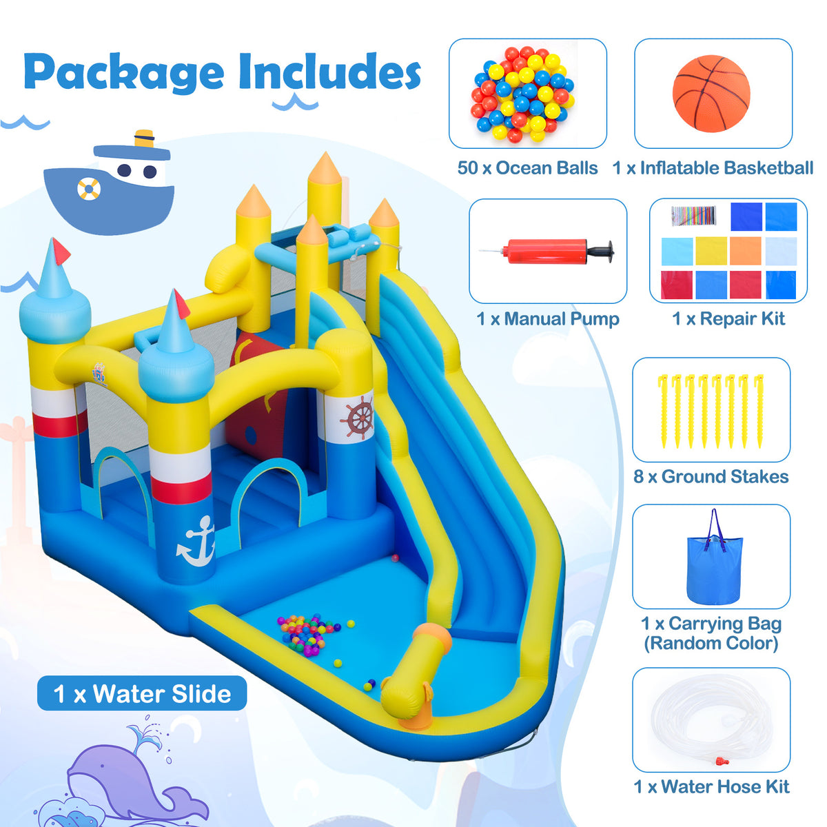 Inflatable Water Slide Kids Water Park with Splash Pool Water Cannon (Without Blower)