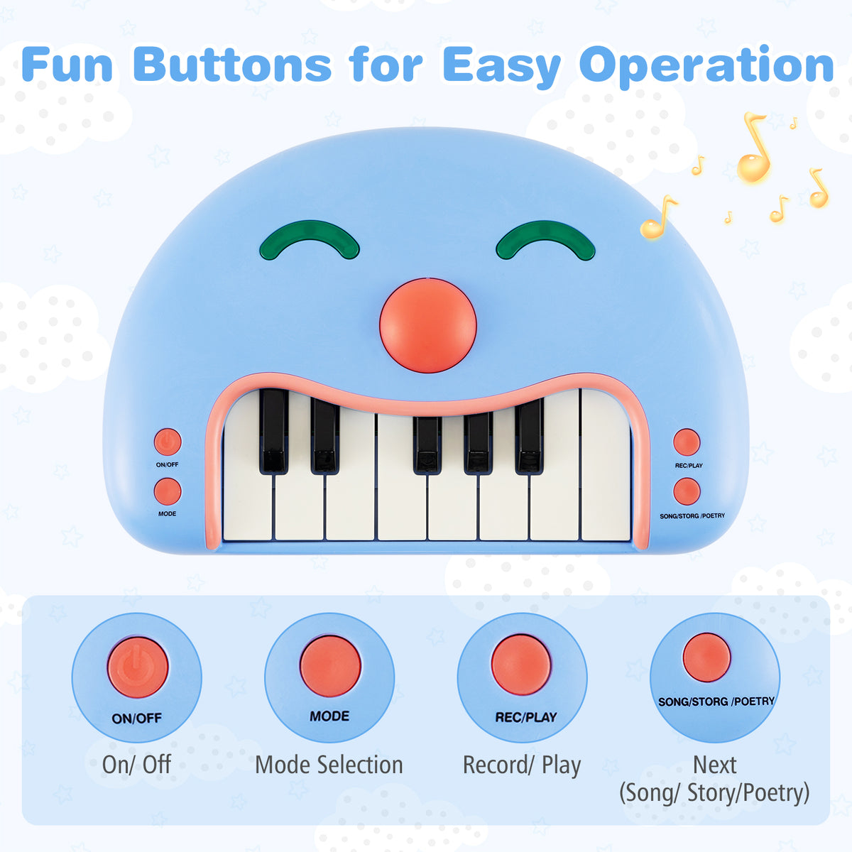 13-Key Kids Piano Keyboard Interactive Toy Digital Piano with Smiling Face-Blue