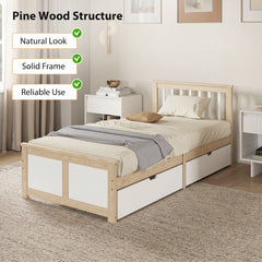 HOMCOM Pine Storage Bed, 3ft Single Solid Wooden Bed Frame with Drawers, Headboard, Wood Slat Support, Natural Wood Finish