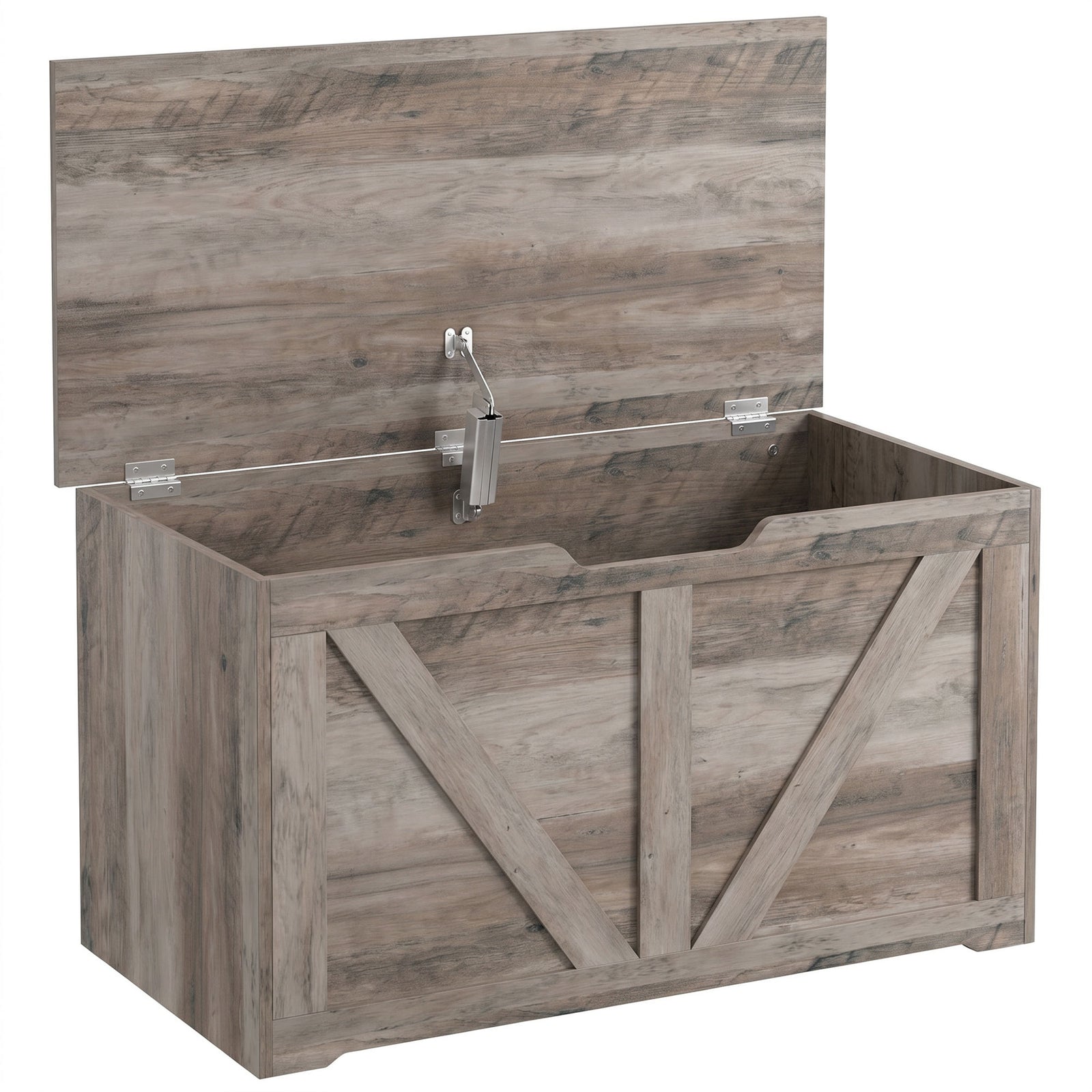 HOMCOM 100L Home Storage Box, with Safety Hinge - Grey Wood-Effect