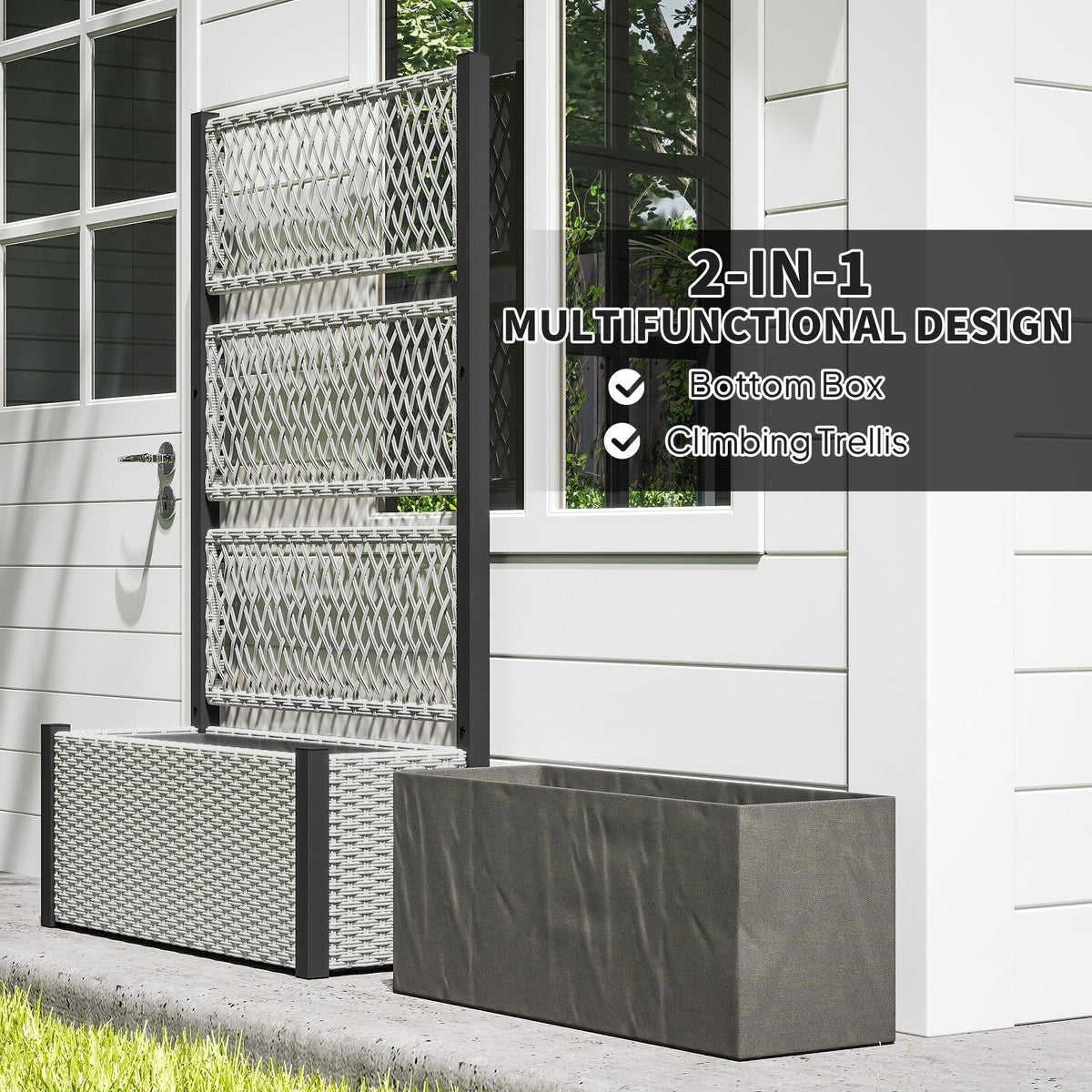 Outsunny Garden Planter Box with Trellis, Liner for Climbing Plants, Vegetables, Flowers, 90 x 35 x 148 cm, Mixed-grey