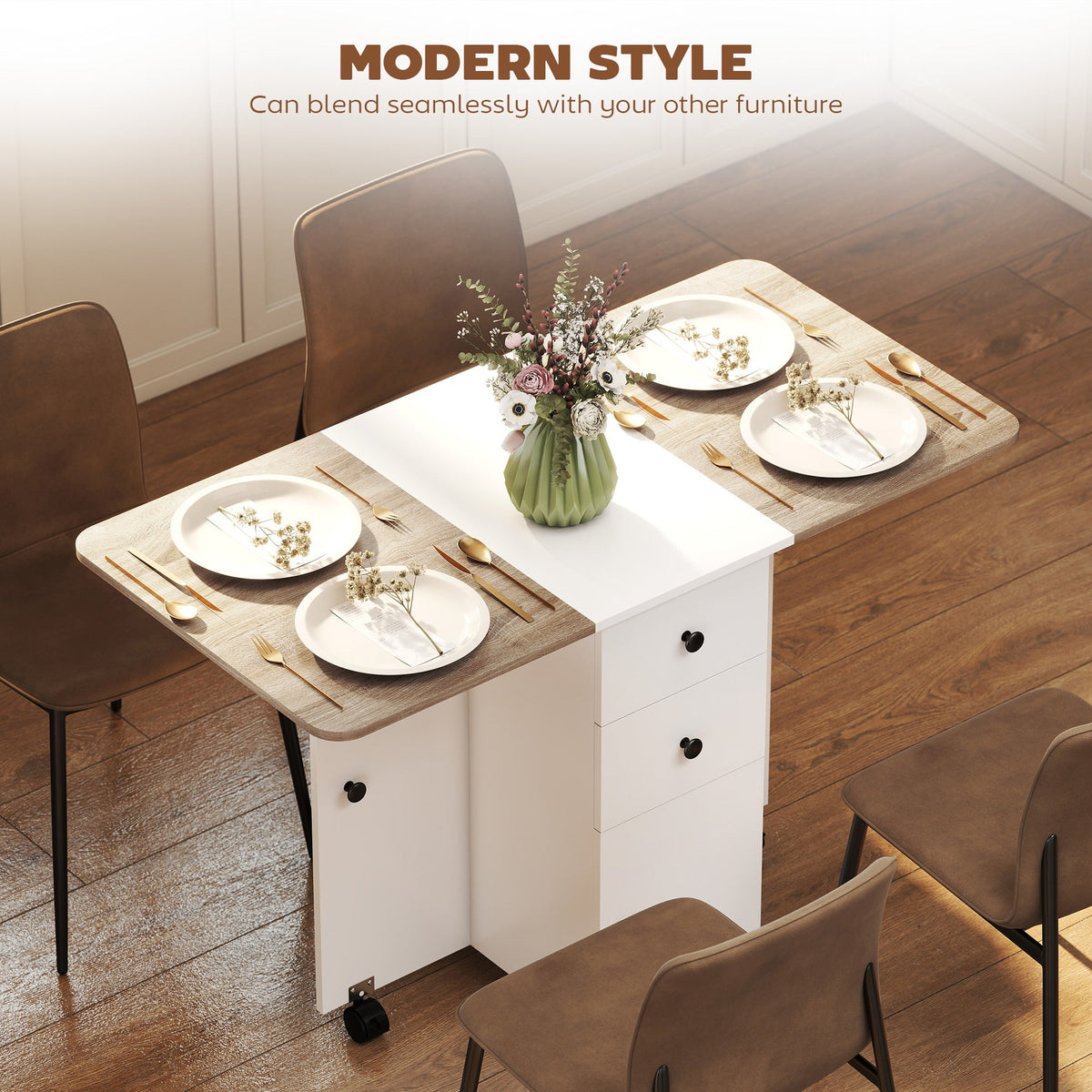 HOMCOM Multi-Storage Six-Person Drop Leaf Dining Table - Oak and White