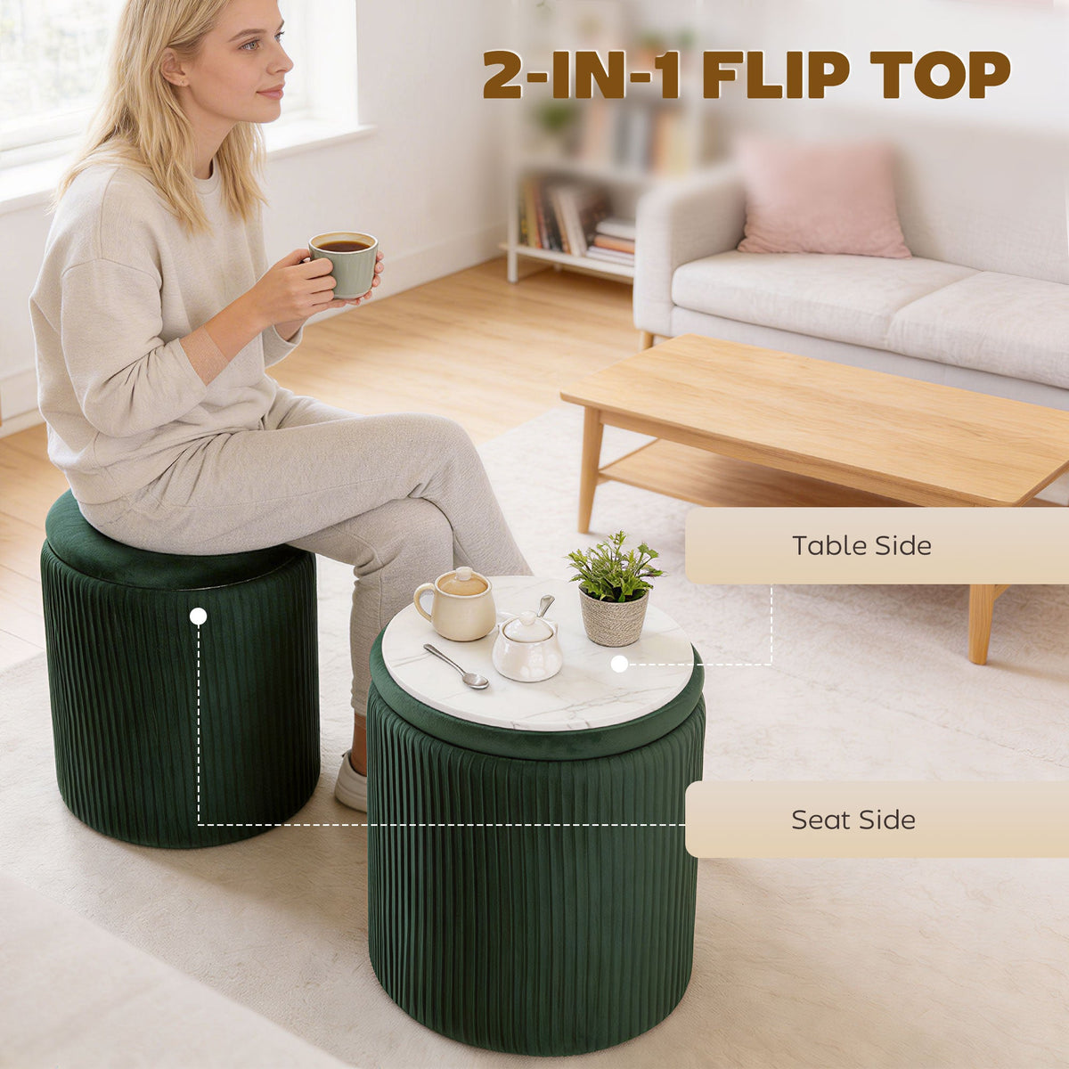 HOMCOM Storage Ottoman Modern Velvet Round Foot Stool for Living Room Bedroom 45 cm Dark Green