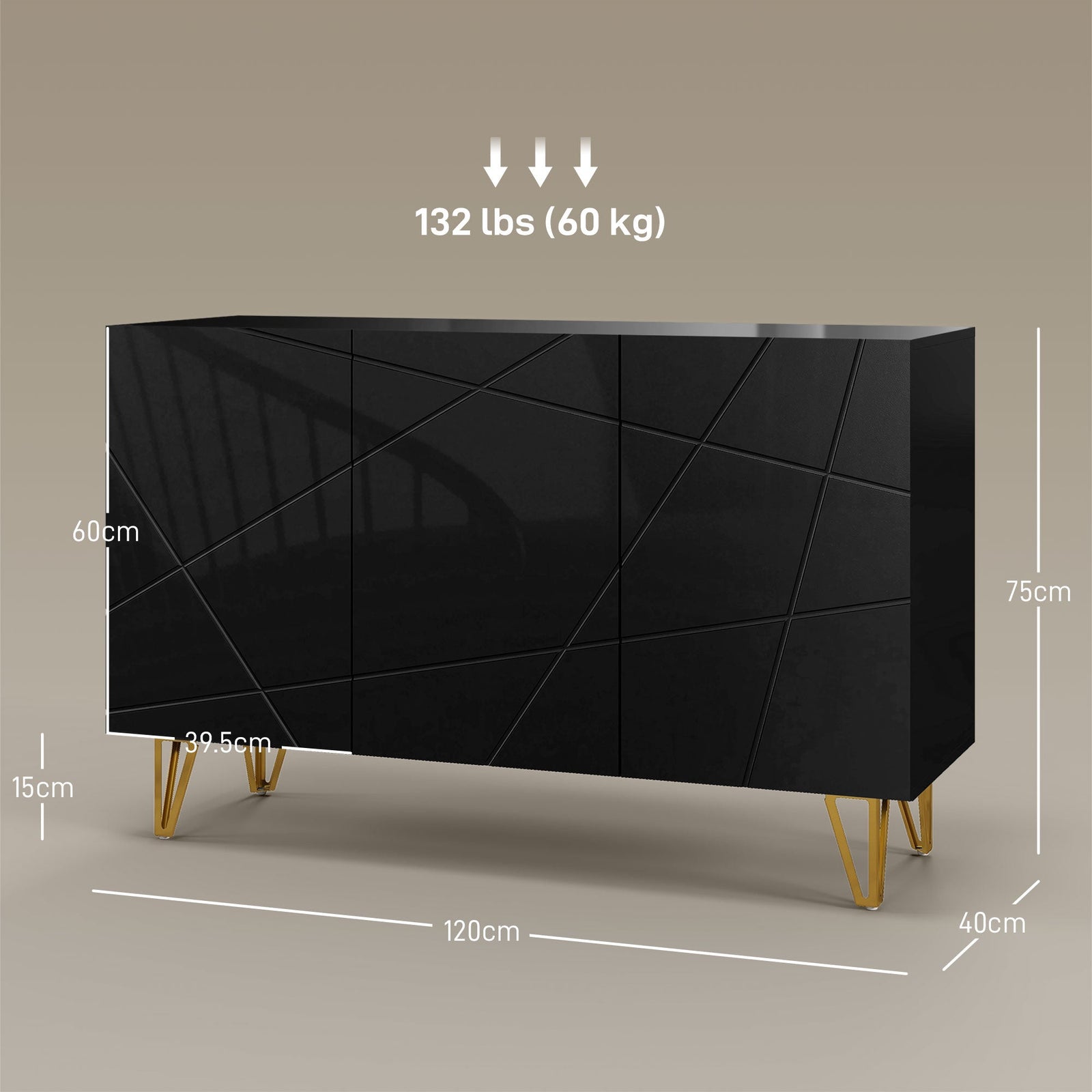HOMCOM Modern Luxe High Gloss Sideboard, with Hairpin Legs - Black