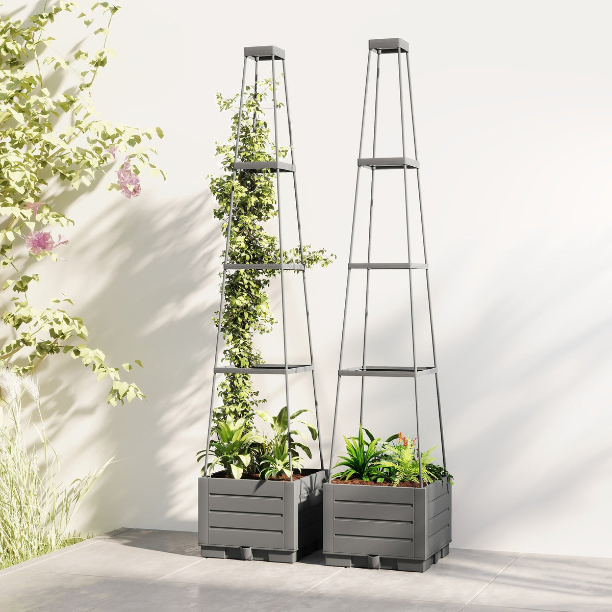 Outsunny 2 Pack Raised Garden Bed with Trellis, Plastic Outdoor Planter Box with Removable Drainage Tray