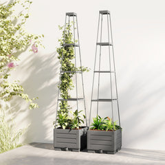 Outsunny 2 Pack Raised Garden Bed with Trellis, Plastic Outdoor Planter Box with Removable Drainage Tray