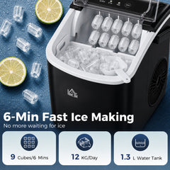 HOMCOM Ice Maker Machine Countertop, 12 KG in 24 H, 9 Cubes in 6 Mins, Portable Ice Cube Maker with Handle, Ice Scoop and Basket for Home Office Kitchen Bar Party RV, Black