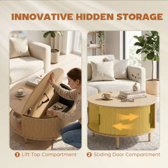 HOMCOM Coffee Table with Lift Top and Hidden Storage, Round Centre Table with Fluted Sliding Door, 80 cm, Natural Wood