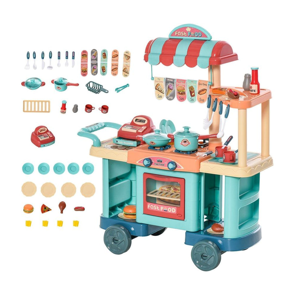 HOMCOM 50 Pcs Kids Kitchen Play set Fast Food Trolley Cart Pretend Playset Toys with Play Food Cashier Register Accessories