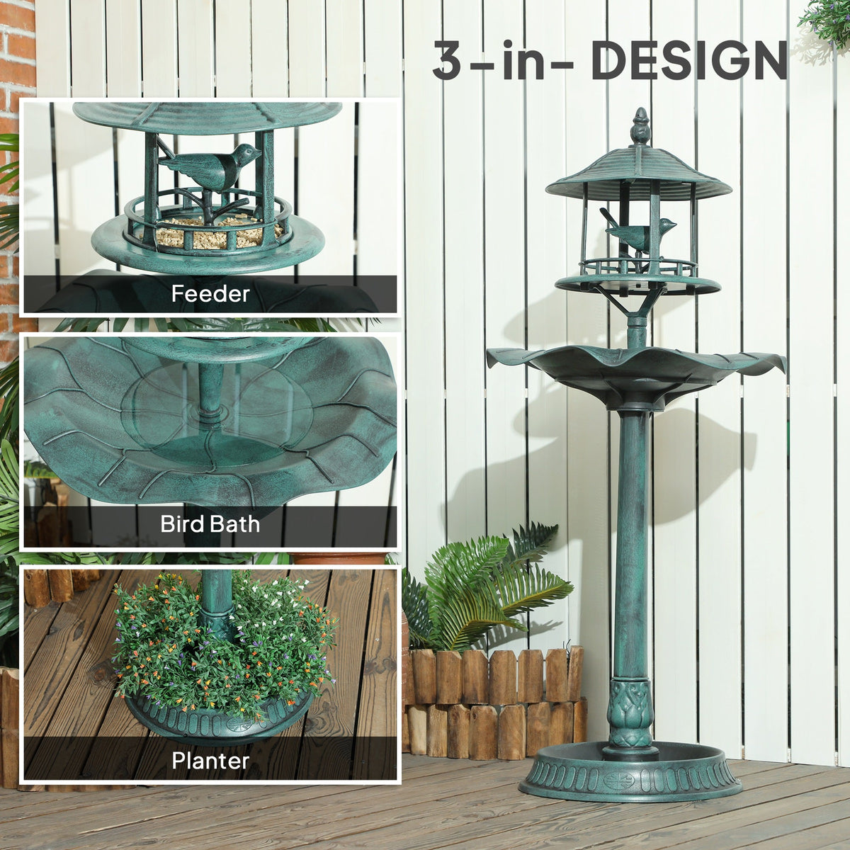 Outsunny 3-in-1 Garden Bird Bath, Freestanding Birdbath with Large Water Basin, Underneath Flower Planter, _50 x 113 cm