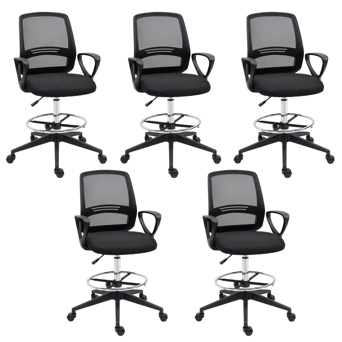Vinsetto Ergonomic Mesh Back Drafting Chair, Tall Office Chair, Draughtsman Chair with Adjustable Height and Footrest 360 Swivel, Set of 5