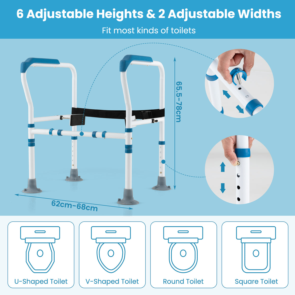 Stand Alone Toilet Safety Frame with Adjustable Height and Width -Blue