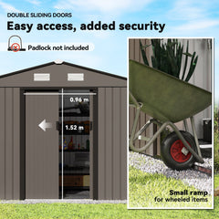 Outsunny 9 x 6ft Metal Garden Shed, Outdoor Storage Tool House with Ventilation Slots, Foundation Kit and Lockable Double Doors, Brown
