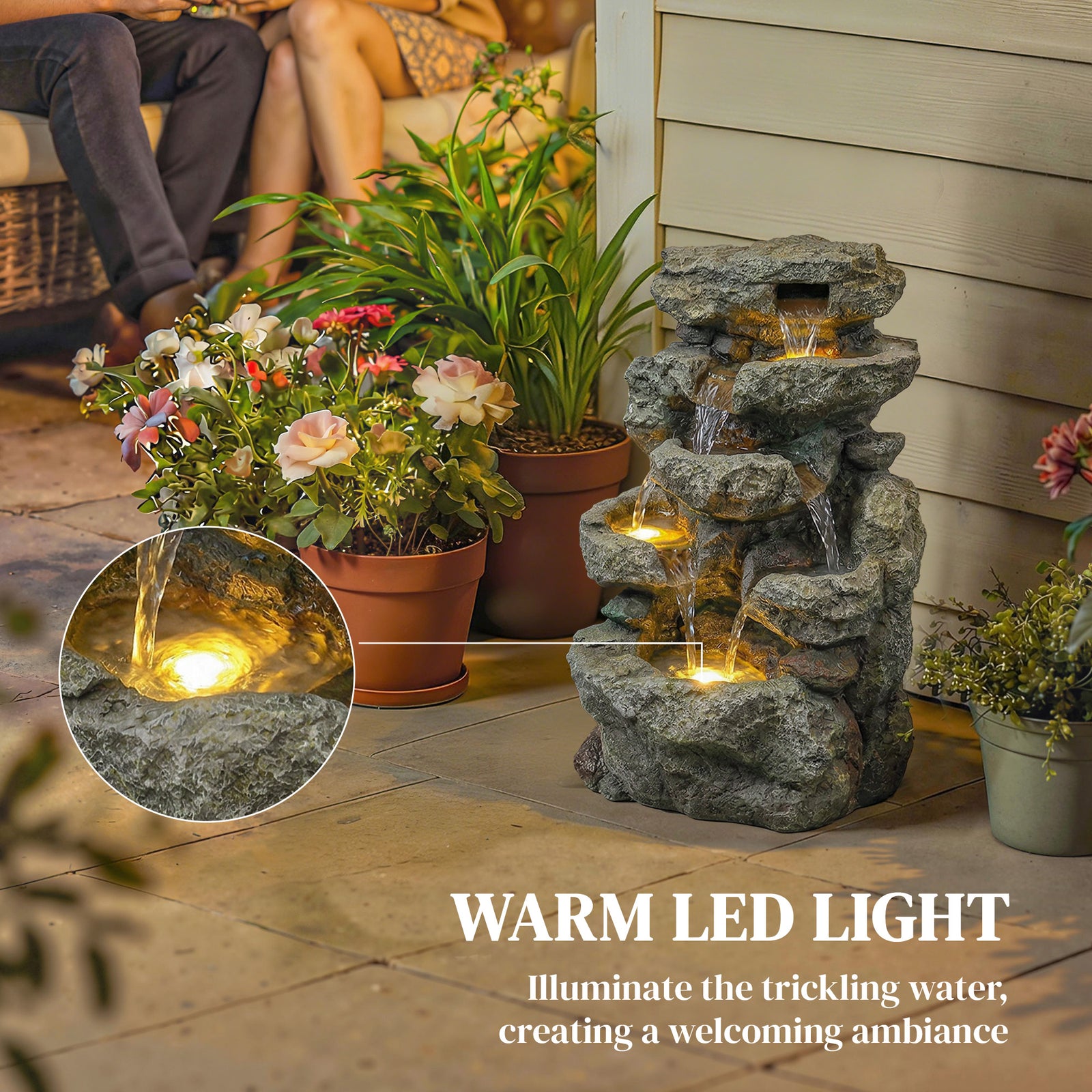 Outsunny Outdoor Fountain with 6-Tier Rock Design, Waterfall Feature with LED Lights, Resin Freestanding Garden Fountain, Grey