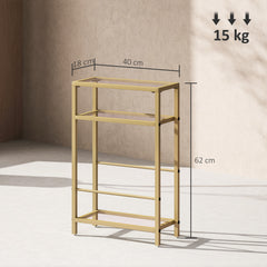 HOMCOM 3-Tier Side Table, Narrow End Table with Storage Shelf and Tempered Glass Tabletop for Small Spaces, Bedroom, Living Room, Entryway, Gold Tone