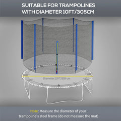 SPORTNOW 10ft Trampoline Net Replacement with 6 Plastic Pole Covers, Weather-Resistant Trampoline Netting Replacement with Zipped Entrance, Poles Not Included, Blue