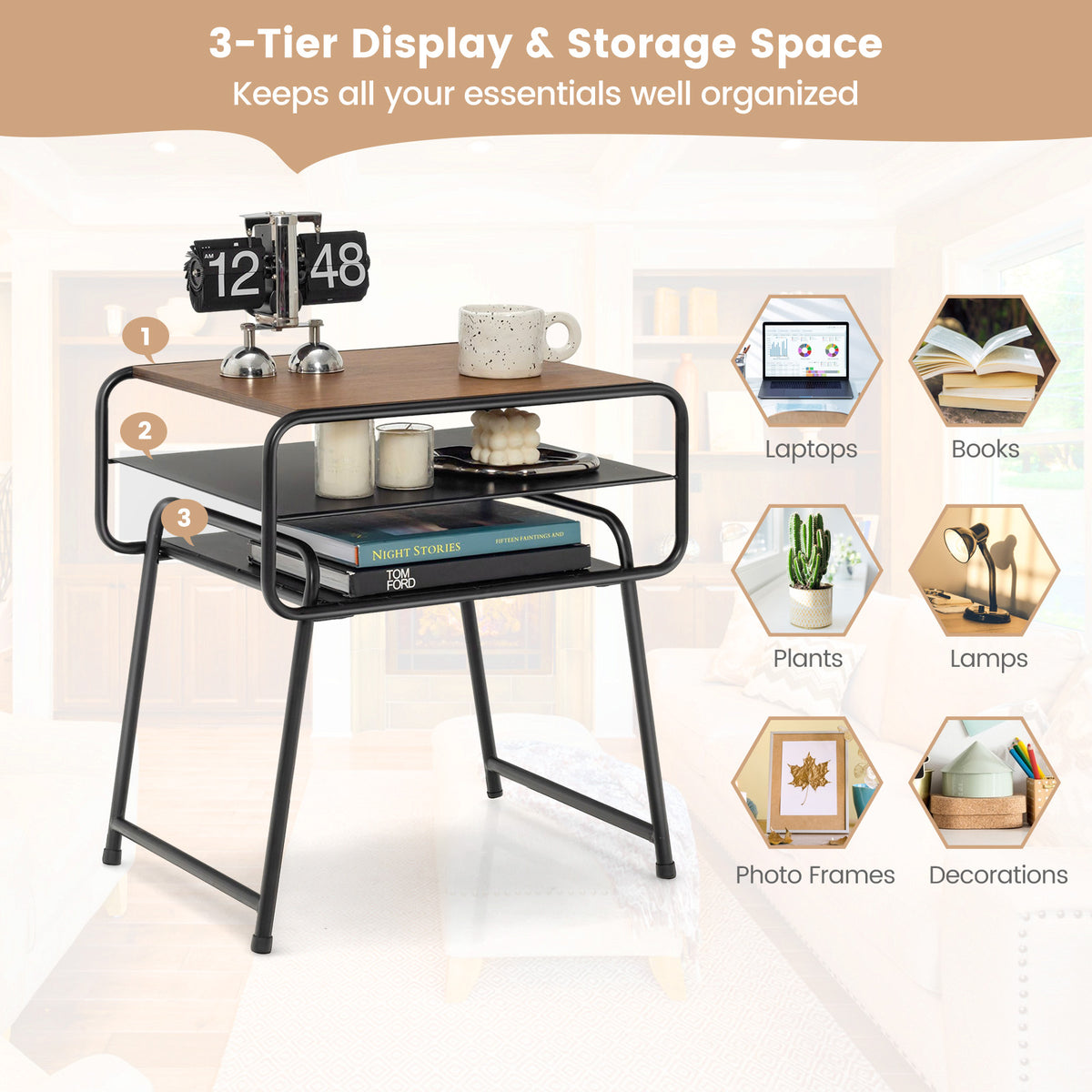 3-Tier Sofa Side Table with Storage Shelf for Living Room Bedroom-Brown