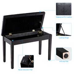 Wooden Duet Piano Bench with Padded Cushion and Music Storage-Black