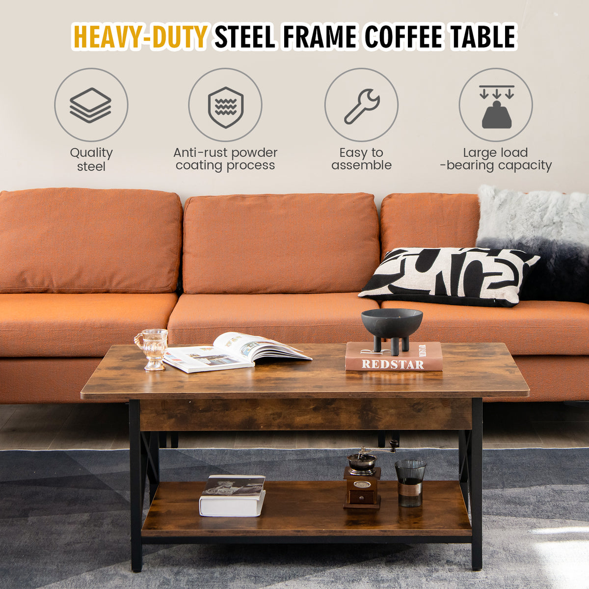 2-Tier Industrial Coffee Table for Living Room Bedroom Office-Rustic Brown