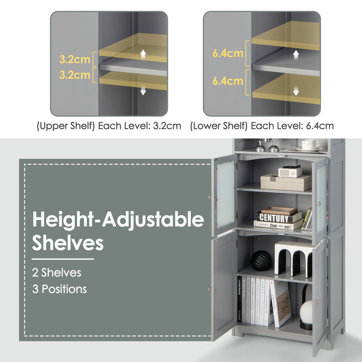 Freestanding Storage Cabinet with Tempered Glass Door and Open Shelves-Grey