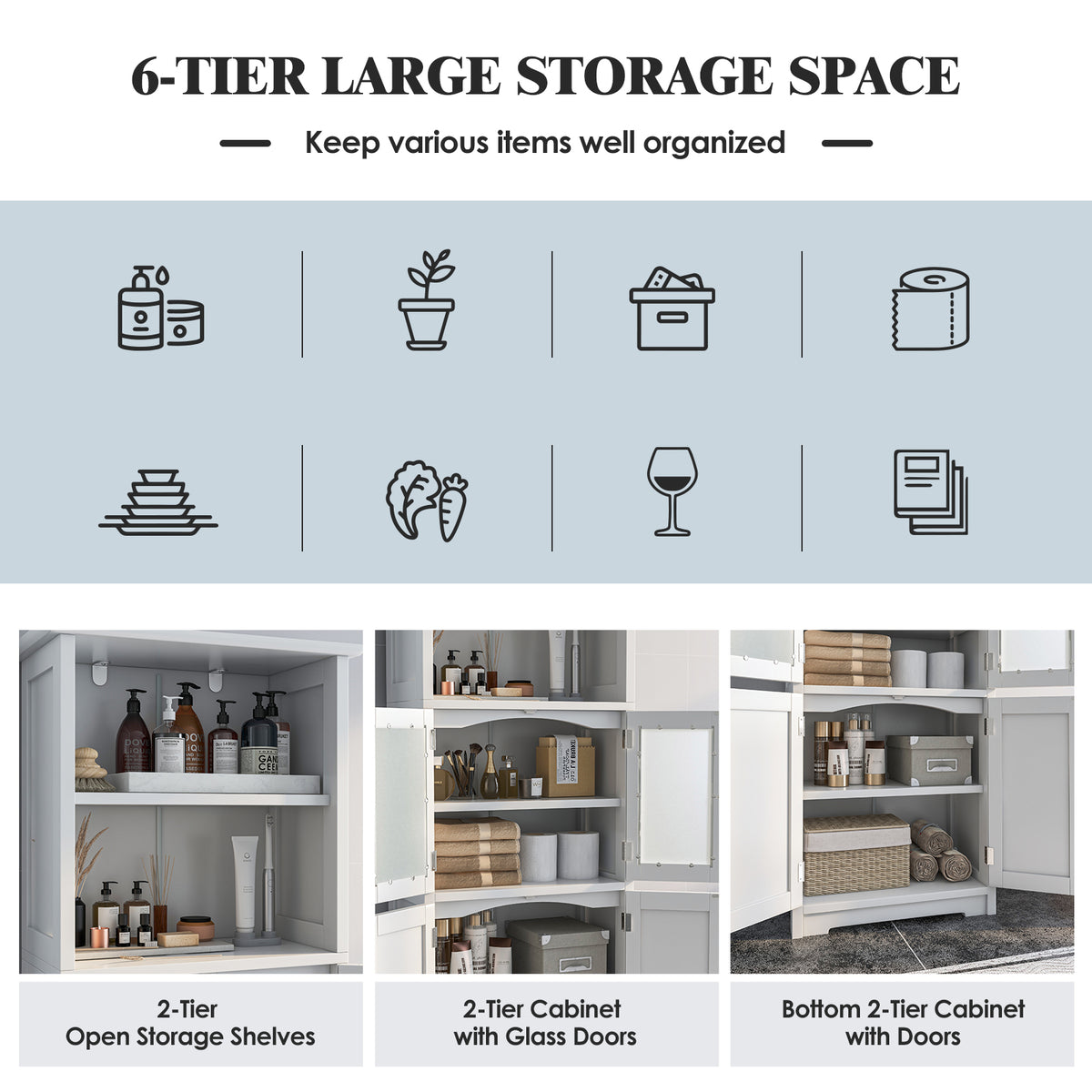 Freestanding Storage Cabinet with Tempered Glass Door and Open Shelves-White