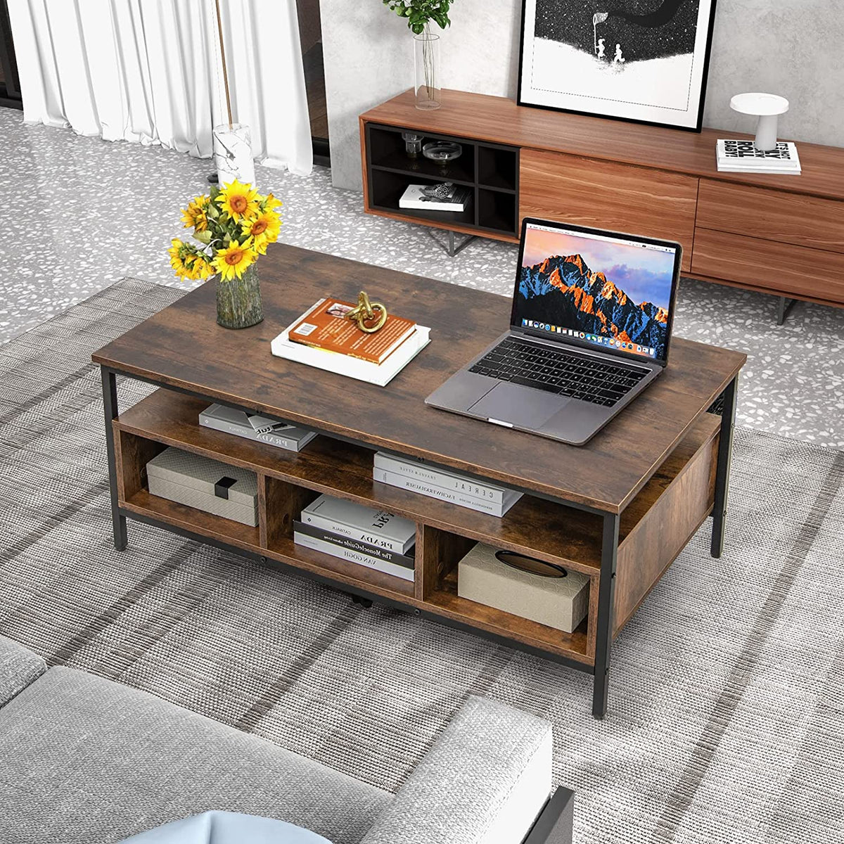 Wooden Cocktail Center Table with Storage Shelf for Living Room